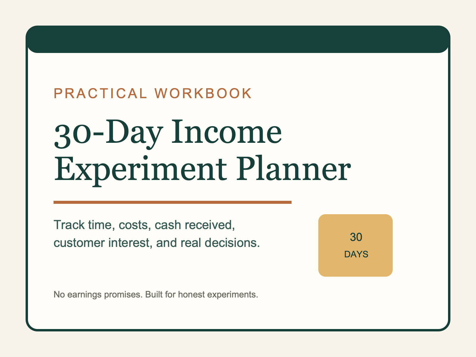 30-Day Income Experiment Planner | Side-Income Tracker, Scam Checklists & Digital Product Workbook