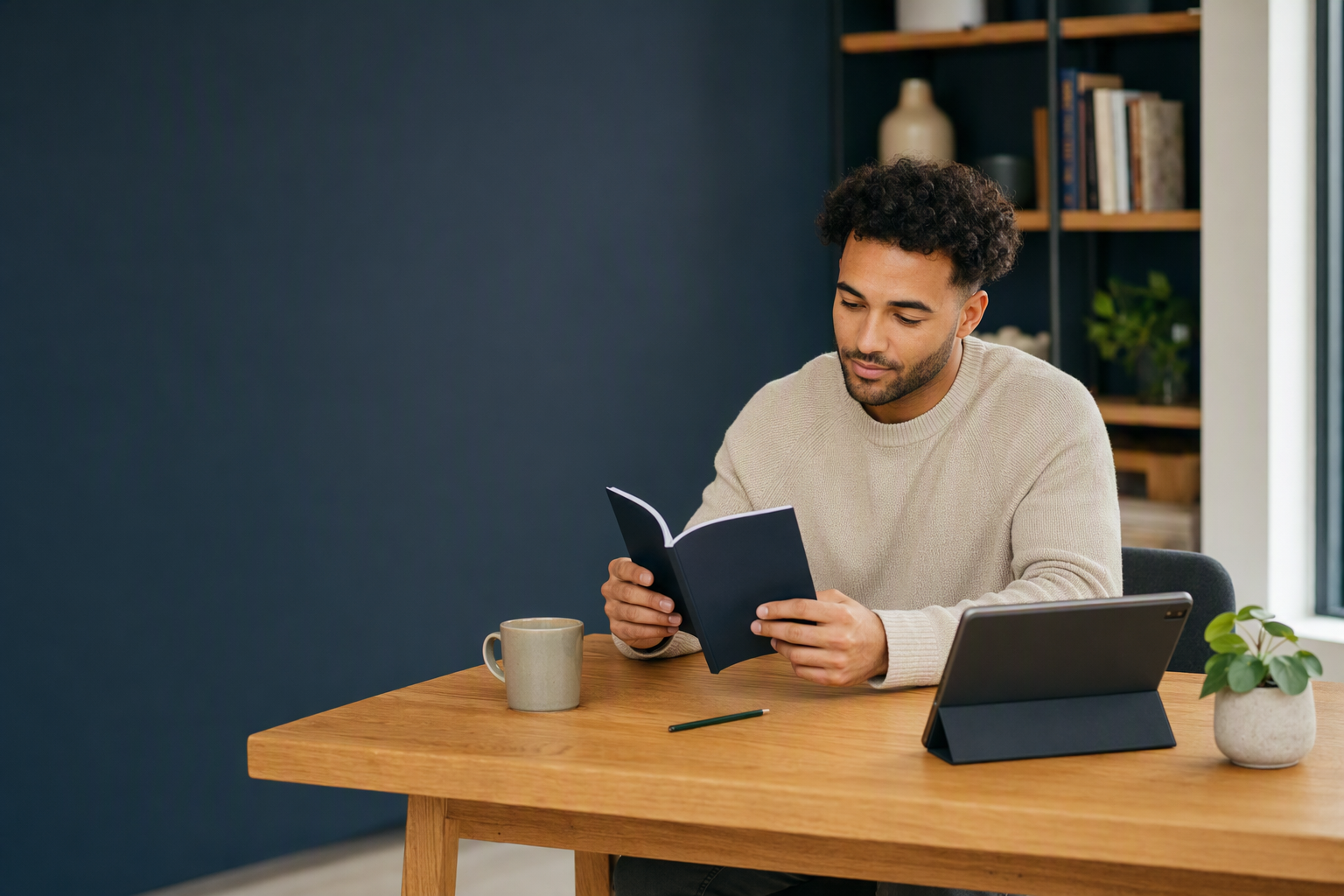 A reader exploring an Expert Mini Books guide at a home office desk